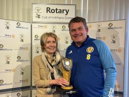 2024 22nd April: Billy McAdam coach of the Scotland Cerebral Palsy Football Team holding their 2024 World Cup Trophy with President Elect Elma Birrell